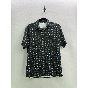 Buc-ees Mens Black Stretch Space Planets Short Sleeve Button Up Shirt Size Small